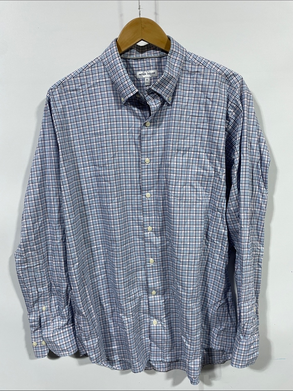Peter Millar Blue and White Checked Long-Sleeve Button-Down Shirt